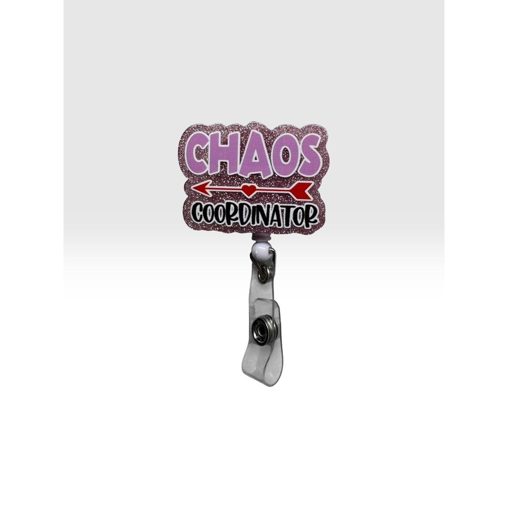 Chaos Coordinator Badge Reel Glitter Retractable ID Holder Pink Funny